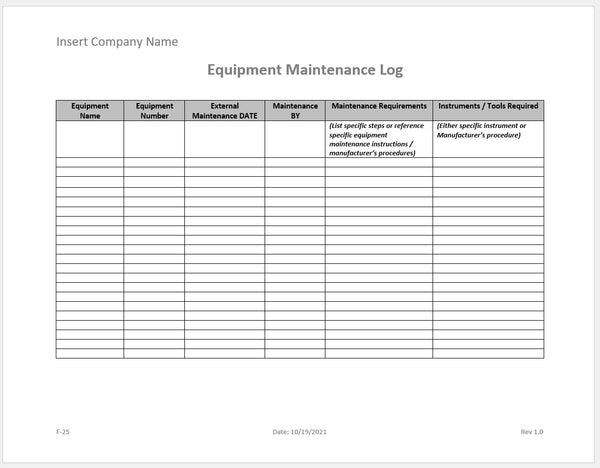 Equipment Maintenance Log